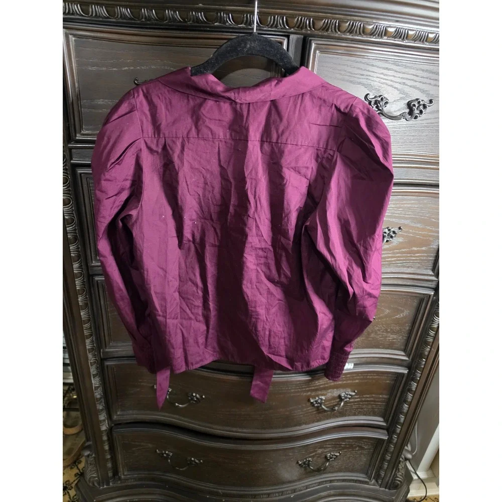 Madewell Plum Cotton Puff Sleeve Tie Neck Button Front Blouse NY535 Small NEW